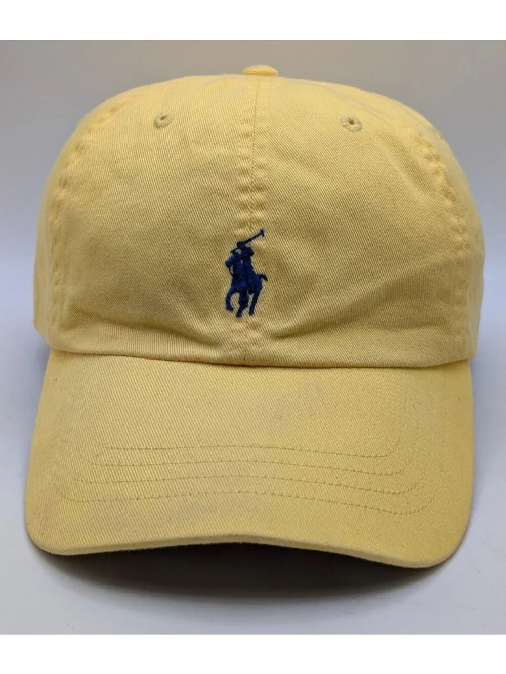 Vintage Polo Ralph Lauren Hat Yellow Blue Pony Logo Leather Strap Y2K Nautical